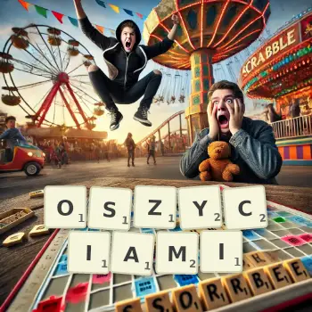 Kreatywna ilustracja do gry w Scrabble ze słowem OSZYCIAMI ułożonym z płytek na planszy.