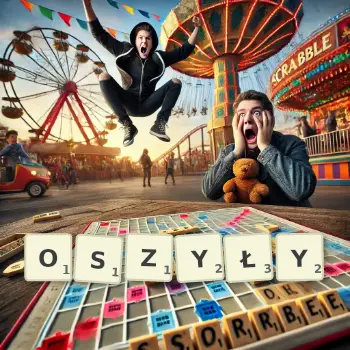 Kreatywna ilustracja do gry w Scrabble ze słowem OSZYŁY ułożonym z płytek na planszy.