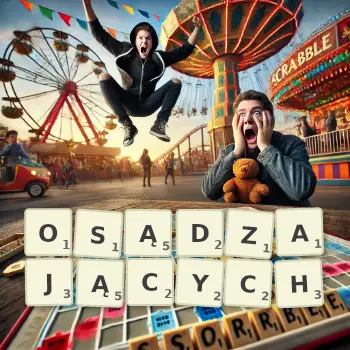 Kreatywna ilustracja do gry w Scrabble ze słowem OSĄDZAJĄCYCH ułożonym z płytek na planszy.