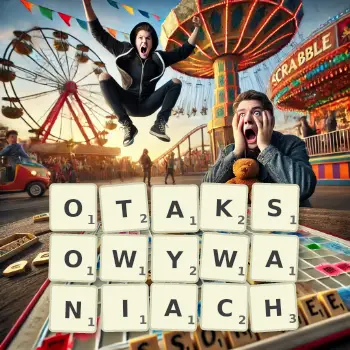 Kreatywna ilustracja do gry w Scrabble ze słowem OTAKSOWYWANIACH ułożonym z płytek na planszy.