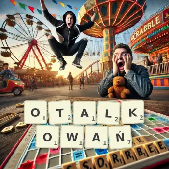 Kreatywna ilustracja do gry w Scrabble ze słowem OTALKOWAŃ ułożonym z płytek na planszy.