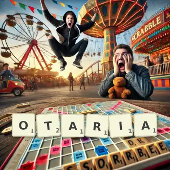 Kreatywna ilustracja do gry w Scrabble ze słowem OTARIA ułożonym z płytek na planszy.