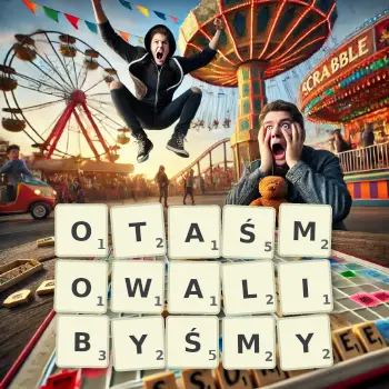 Kreatywna ilustracja do gry w Scrabble ze słowem OTAŚMOWALIBYŚMY ułożonym z płytek na planszy.
