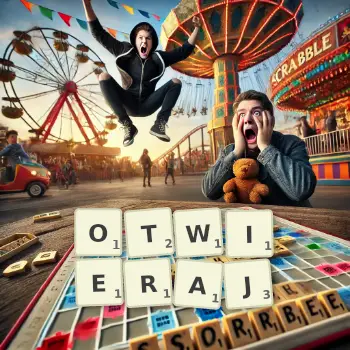 Kreatywna ilustracja do gry w Scrabble ze słowem OTWIERAJ ułożonym z płytek na planszy.