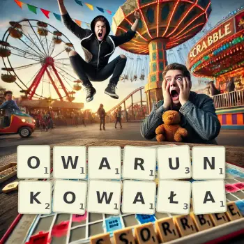 Kreatywna ilustracja do gry w Scrabble ze słowem OWARUNKOWAŁA ułożonym z płytek na planszy.
