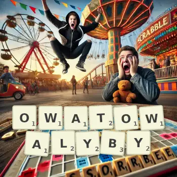 Kreatywna ilustracja do gry w Scrabble ze słowem OWATOWALYBY ułożonym z płytek na planszy.