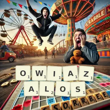 Kreatywna ilustracja do gry w Scrabble ze słowem OWIAZALOS ułożonym z płytek na planszy.