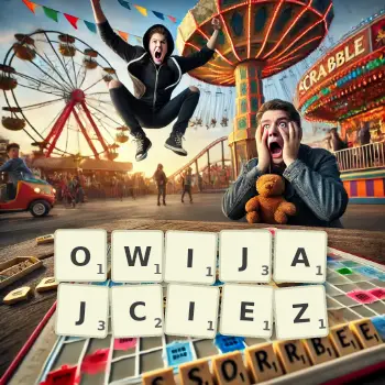 Kreatywna ilustracja do gry w Scrabble ze słowem OWIJAJCIEZ ułożonym z płytek na planszy.