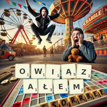 Kreatywna ilustracja do gry w Scrabble ze słowem OWIĄZAŁEM ułożonym z płytek na planszy.