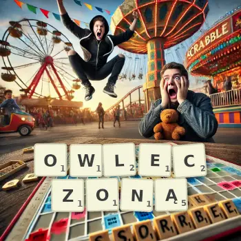 Kreatywna ilustracja do gry w Scrabble ze słowem OWLECZONĄ ułożonym z płytek na planszy.