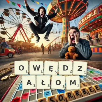 Kreatywna ilustracja do gry w Scrabble ze słowem OWĘDZAŁOM ułożonym z płytek na planszy.