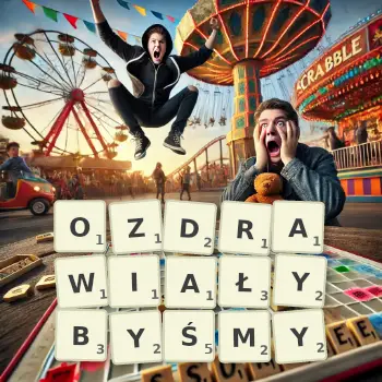 Kreatywna ilustracja do gry w Scrabble ze słowem OZDRAWIAŁYBYŚMY ułożonym z płytek na planszy.