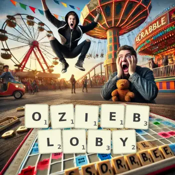 Kreatywna ilustracja do gry w Scrabble ze słowem OZIEBLOBY ułożonym z płytek na planszy.