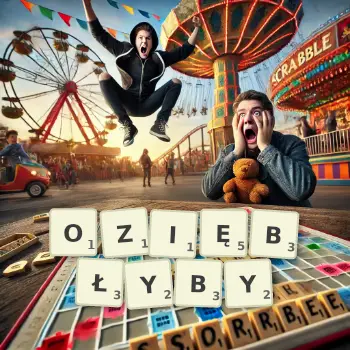 Kreatywna ilustracja do gry w Scrabble ze słowem OZIĘBŁYBY ułożonym z płytek na planszy.