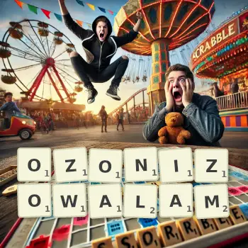 Kreatywna ilustracja do gry w Scrabble ze słowem OZONIZOWALAM ułożonym z płytek na planszy.