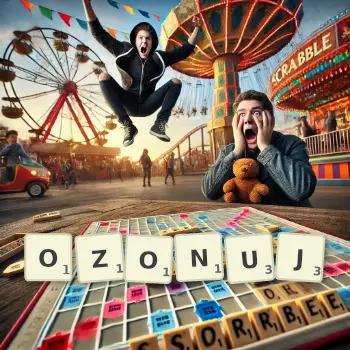 Kreatywna ilustracja do gry w Scrabble ze słowem OZONUJ ułożonym z płytek na planszy.