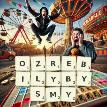 Kreatywna ilustracja do gry w Scrabble ze słowem OZREBILYBYSMY ułożonym z płytek na planszy.