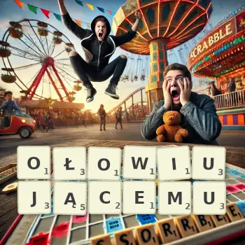 Kreatywna ilustracja do gry w Scrabble ze słowem OŁOWIUJĄCEMU ułożonym z płytek na planszy.