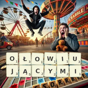 Kreatywna ilustracja do gry w Scrabble ze słowem OŁOWIUJĄCYMI ułożonym z płytek na planszy.