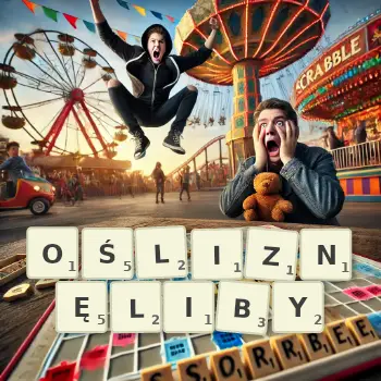Kreatywna ilustracja do gry w Scrabble ze słowem OŚLIZNĘLIBY ułożonym z płytek na planszy.