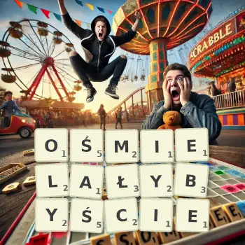 Kreatywna ilustracja do gry w Scrabble ze słowem OŚMIELAŁYBYŚCIE ułożonym z płytek na planszy.
