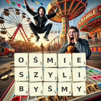 Kreatywna ilustracja do gry w Scrabble ze słowem OŚMIESZYLIBYŚMY ułożonym z płytek na planszy.