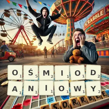 Kreatywna ilustracja do gry w Scrabble ze słowem OŚMIODANIOWY ułożonym z płytek na planszy.