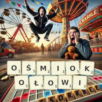 Kreatywna ilustracja do gry w Scrabble ze słowem OŚMIOKOŁOWI ułożonym z płytek na planszy.