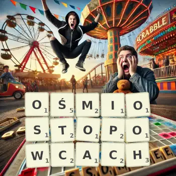 Kreatywna ilustracja do gry w Scrabble ze słowem OŚMIOSTOPOWCACH ułożonym z płytek na planszy.