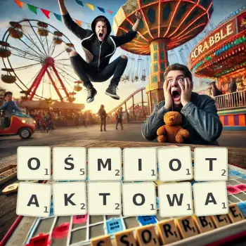 Kreatywna ilustracja do gry w Scrabble ze słowem OŚMIOTAKTOWA ułożonym z płytek na planszy.