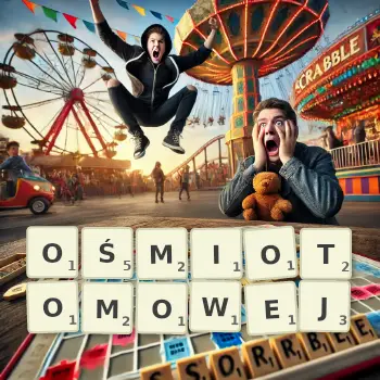 Kreatywna ilustracja do gry w Scrabble ze słowem OŚMIOTOMOWEJ ułożonym z płytek na planszy.