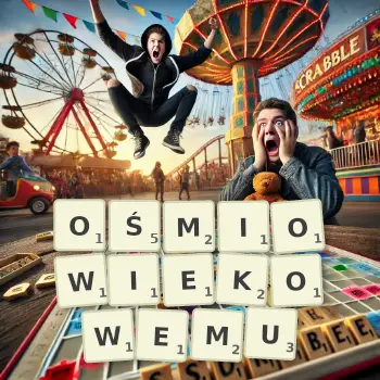 Kreatywna ilustracja do gry w Scrabble ze słowem OŚMIOWIEKOWEMU ułożonym z płytek na planszy.