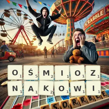 Kreatywna ilustracja do gry w Scrabble ze słowem OŚMIOZNAKOWI ułożonym z płytek na planszy.