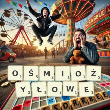Kreatywna ilustracja do gry w Scrabble ze słowem OŚMIOŻYŁOWE ułożonym z płytek na planszy.