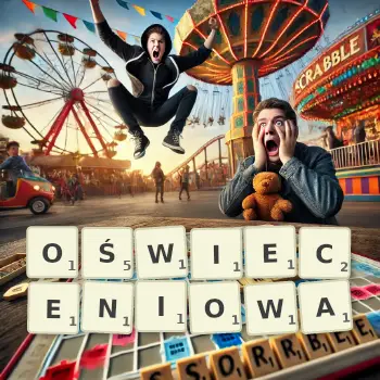 Kreatywna ilustracja do gry w Scrabble ze słowem OŚWIECENIOWA ułożonym z płytek na planszy.