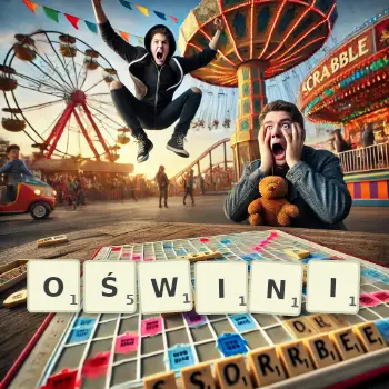 Kreatywna ilustracja do gry w Scrabble ze słowem OŚWINI ułożonym z płytek na planszy.