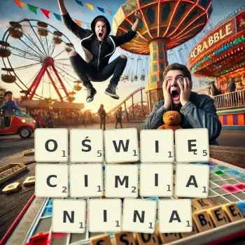 Kreatywna ilustracja do gry w Scrabble ze słowem OŚWIĘCIMIANINA ułożonym z płytek na planszy.
