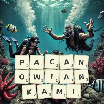 Kreatywna ilustracja do gry w Scrabble ze słowem PACANOWIANKAMI ułożonym z płytek na planszy.