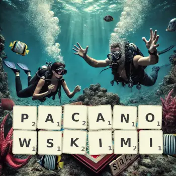 Kreatywna ilustracja do gry w Scrabble ze słowem PACANOWSKIMI ułożonym z płytek na planszy.