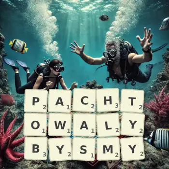 Kreatywna ilustracja do gry w Scrabble ze słowem PACHTOWALYBYSMY ułożonym z płytek na planszy.
