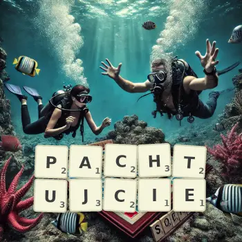 Kreatywna ilustracja do gry w Scrabble ze słowem PACHTUJCIE ułożonym z płytek na planszy.