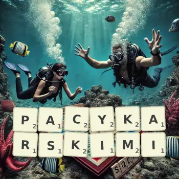 Kreatywna ilustracja do gry w Scrabble ze słowem PACYKARSKIMI ułożonym z płytek na planszy.