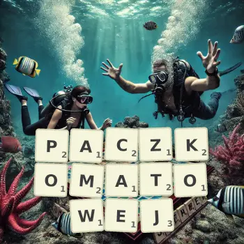 Kreatywna ilustracja do gry w Scrabble ze słowem PACZKOMATOWEJ ułożonym z płytek na planszy.