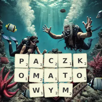 Kreatywna ilustracja do gry w Scrabble ze słowem PACZKOMATOWYM ułożonym z płytek na planszy.