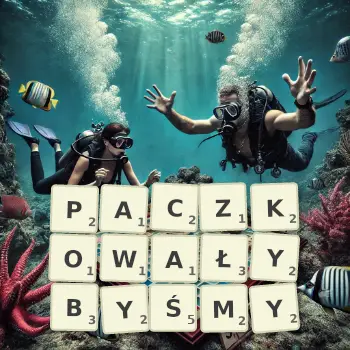 Kreatywna ilustracja do gry w Scrabble ze słowem PACZKOWAŁYBYŚMY ułożonym z płytek na planszy.