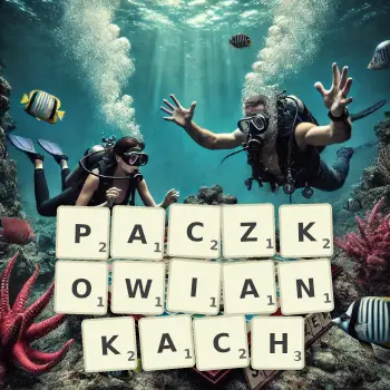 Kreatywna ilustracja do gry w Scrabble ze słowem PACZKOWIANKACH ułożonym z płytek na planszy.