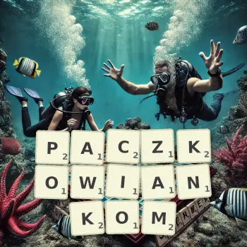 Kreatywna ilustracja do gry w Scrabble ze słowem PACZKOWIANKOM ułożonym z płytek na planszy.