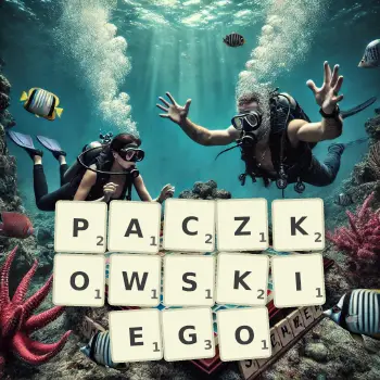 Kreatywna ilustracja do gry w Scrabble ze słowem PACZKOWSKIEGO ułożonym z płytek na planszy.