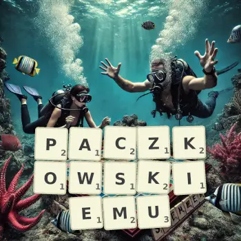 Kreatywna ilustracja do gry w Scrabble ze słowem PACZKOWSKIEMU ułożonym z płytek na planszy.