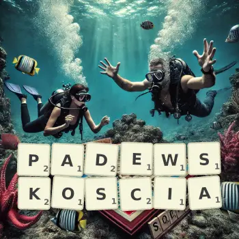 Kreatywna ilustracja do gry w Scrabble ze słowem PADEWSKOSCIA ułożonym z płytek na planszy.